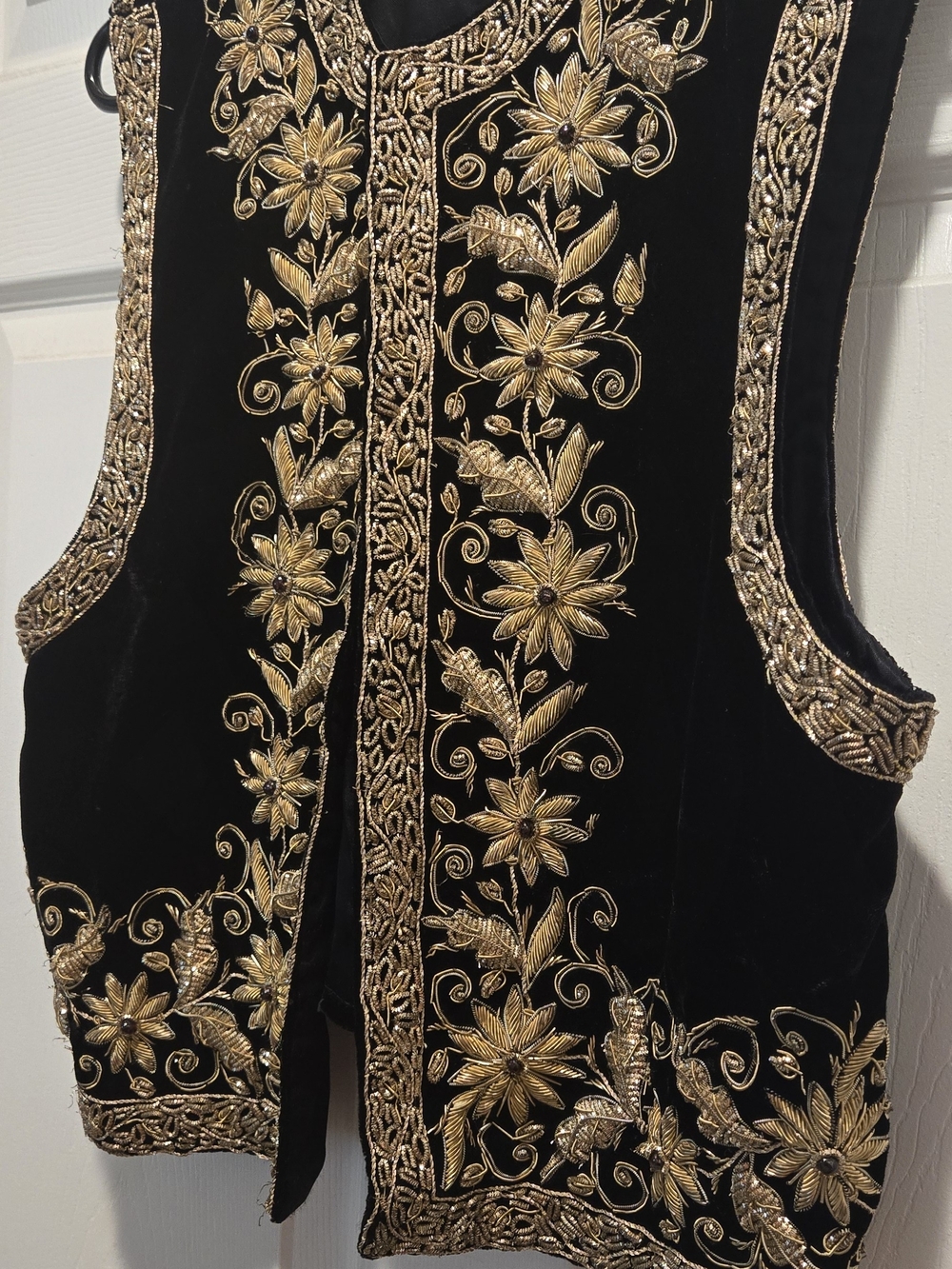Black Velvet Women's Embroidered Tunic Vest with Gold Floral Accents